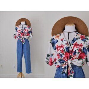 Vintage Floral 1990s Polyester Button‎ Down Blouse size XL